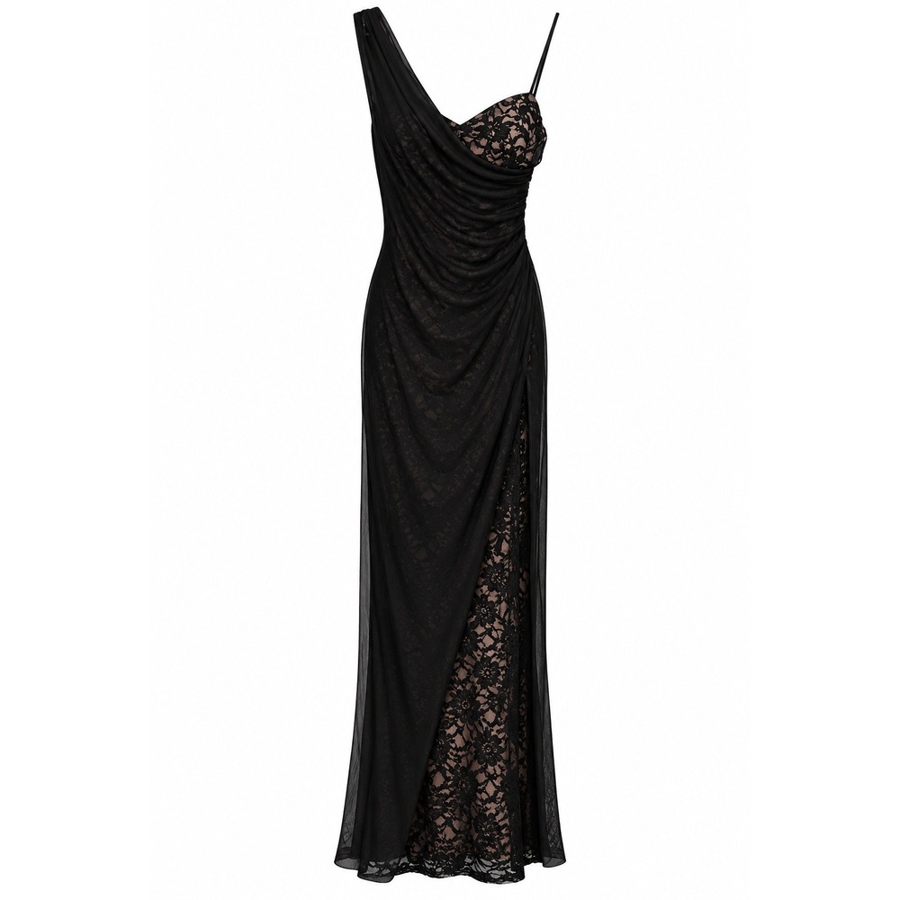 Vintage Y2K Black Lace Draped One Shoulder Maxi Dress 9/10 Goth Prom Formal Slit